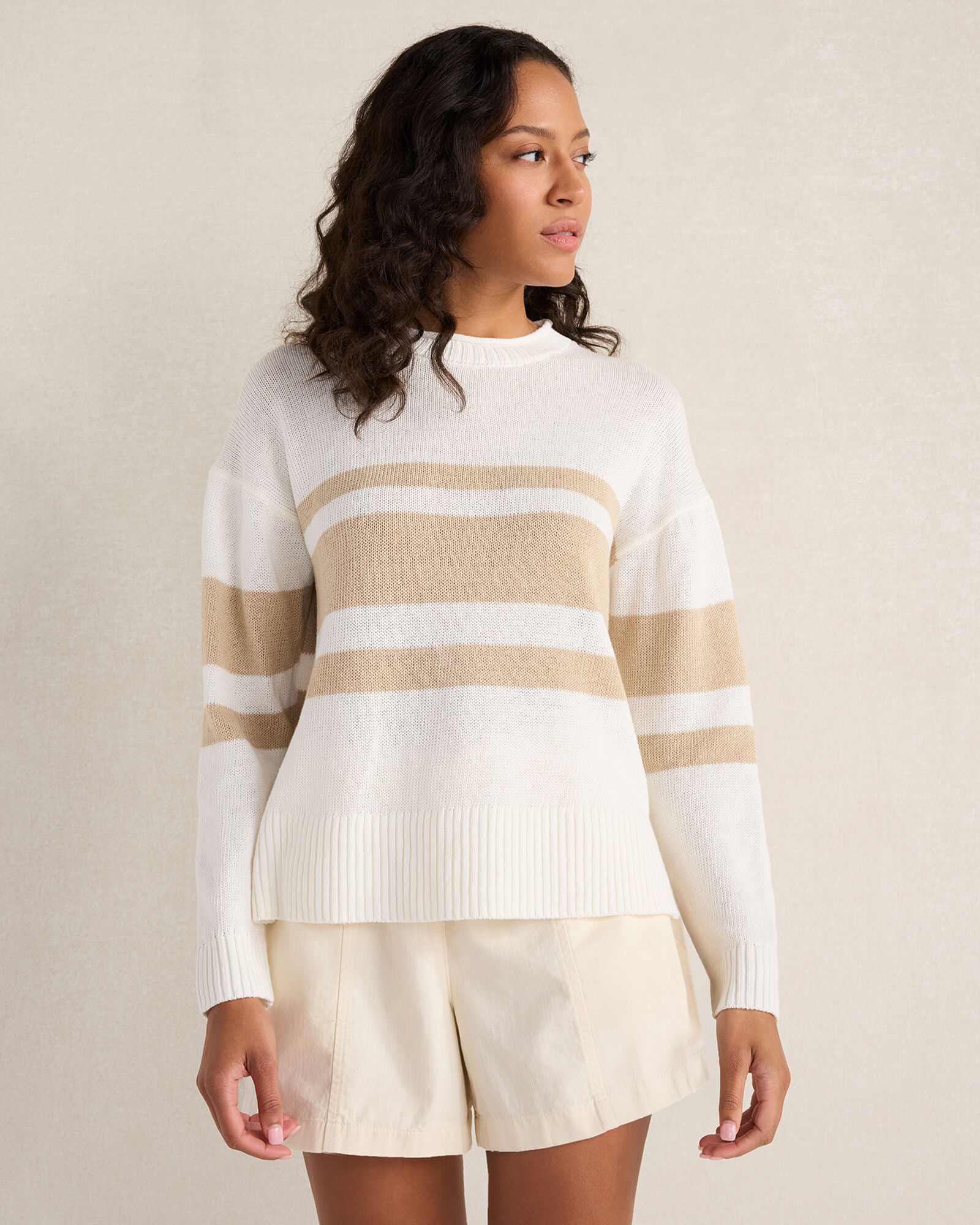 Cotton Linen Stripe Roll Neck Sweater