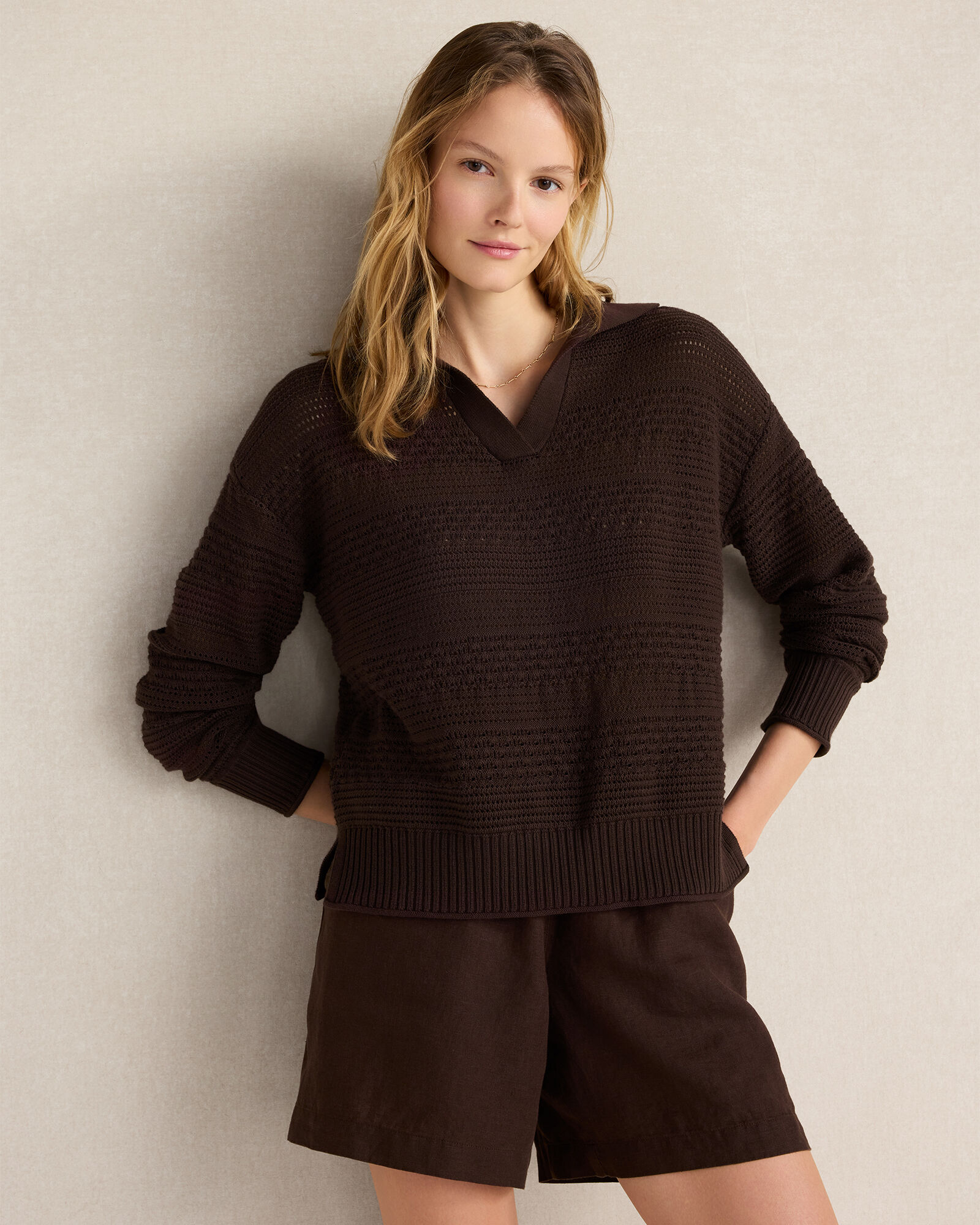 Cotton Mixed Stitch Johnny Collar Sweater