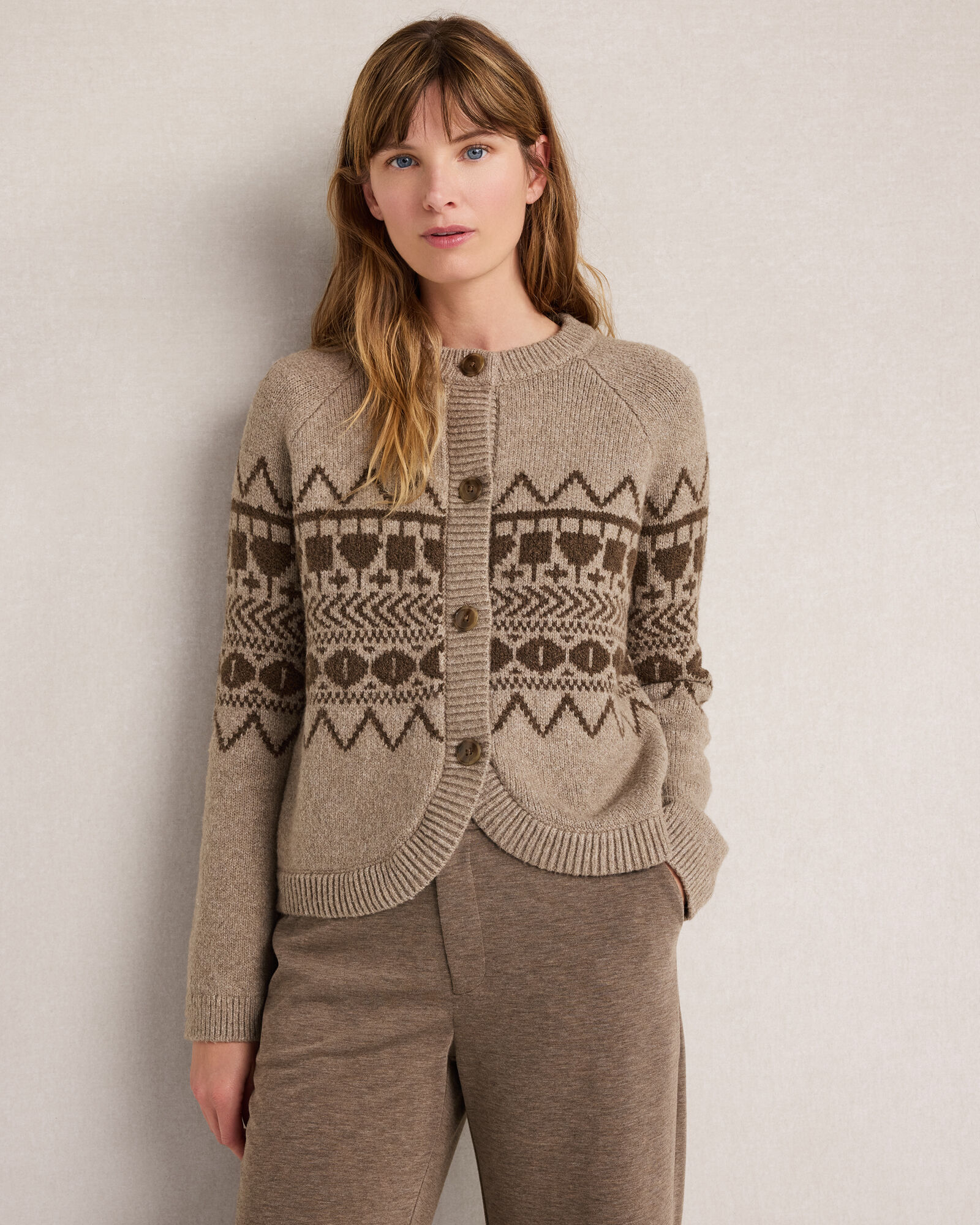 Organic Cotton Blend Fair Isle Curved Hem Cardigan
