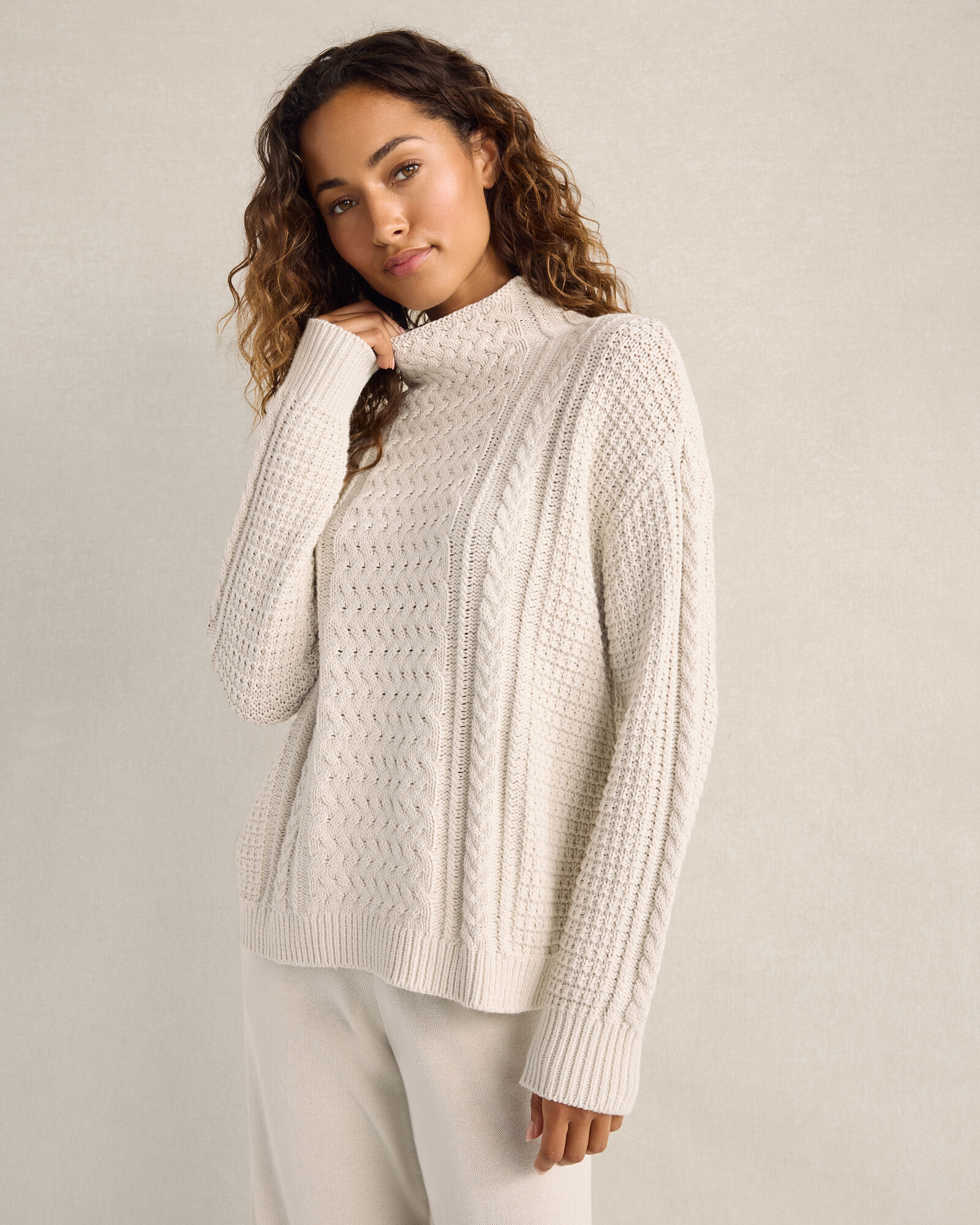 Organic Cotton Mixed Stitch Mockneck Sweater