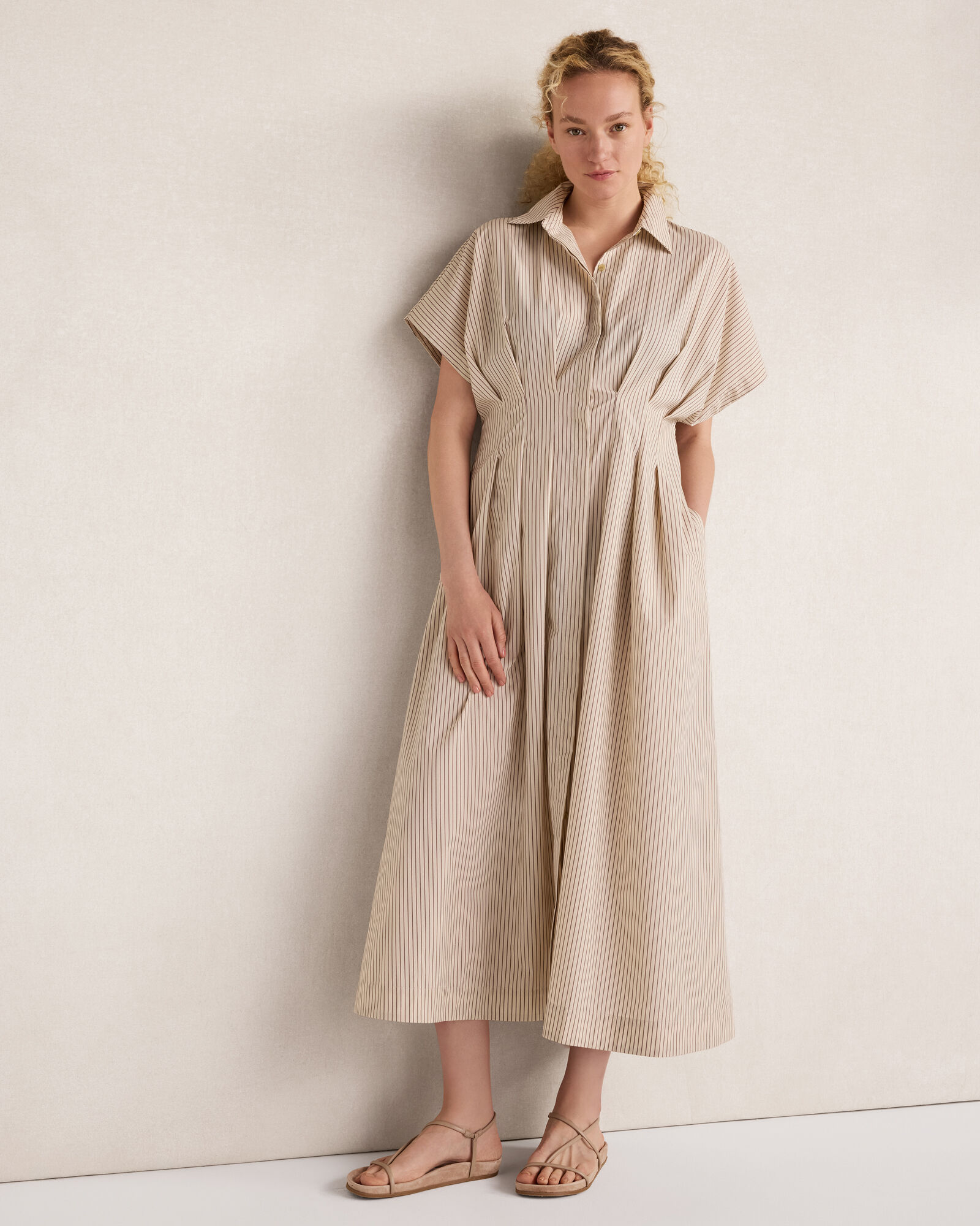 Organic Cotton Poplin Pleated Striped Dress