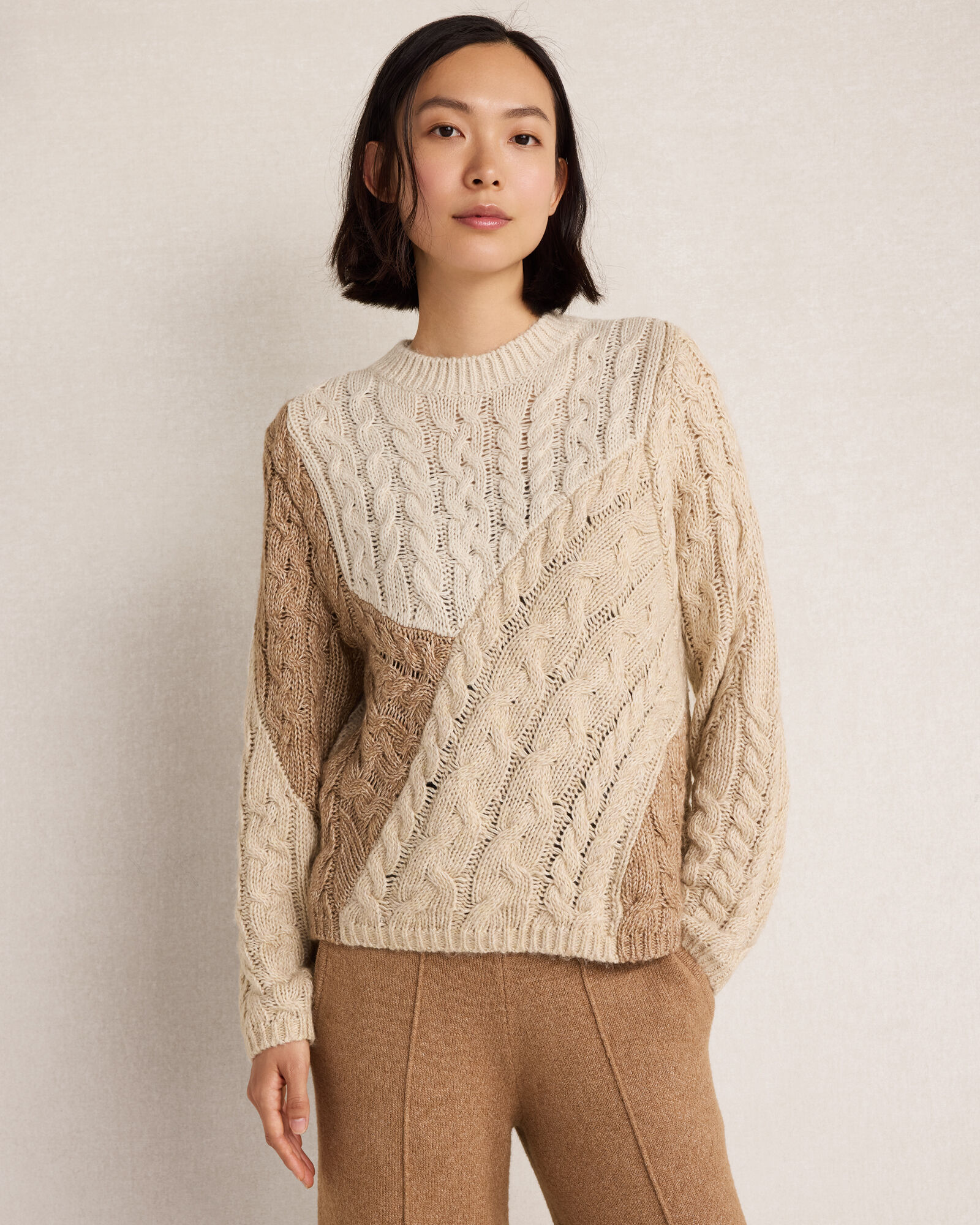 Cotton Blend Patchwork Cableknit Sweater