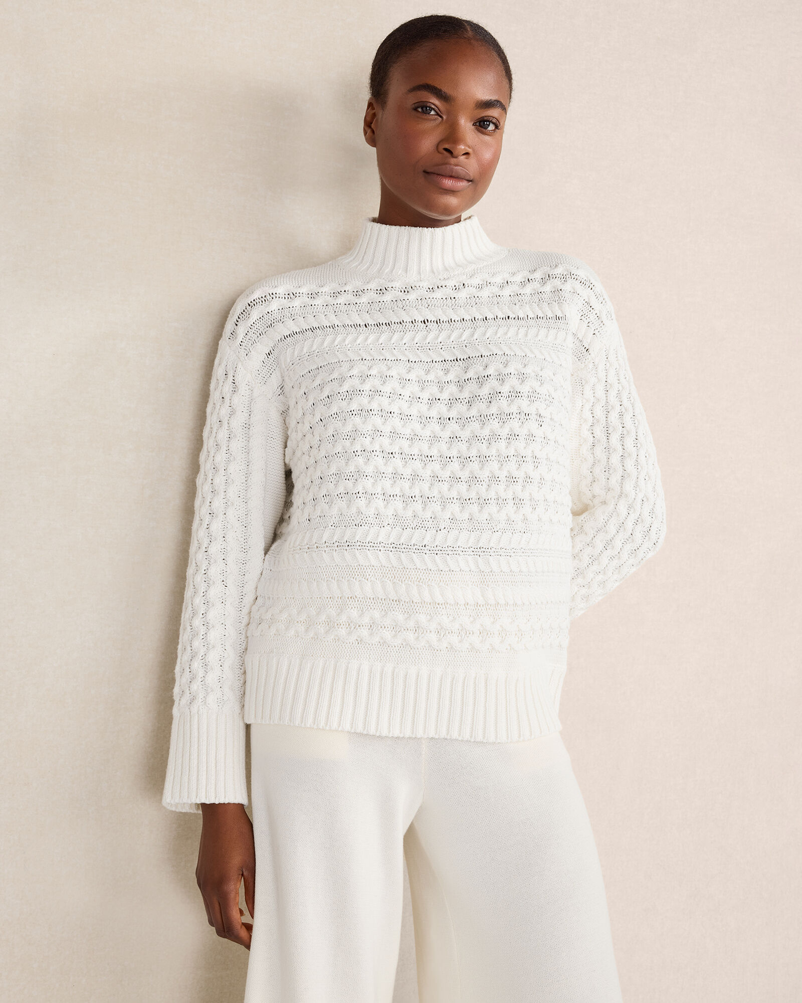 Organic Cotton Cable Knit Funnel Neck Sweater