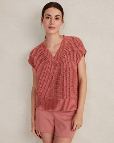 Organic Cotton Linen Shaker Stitch V-Neck Sweater