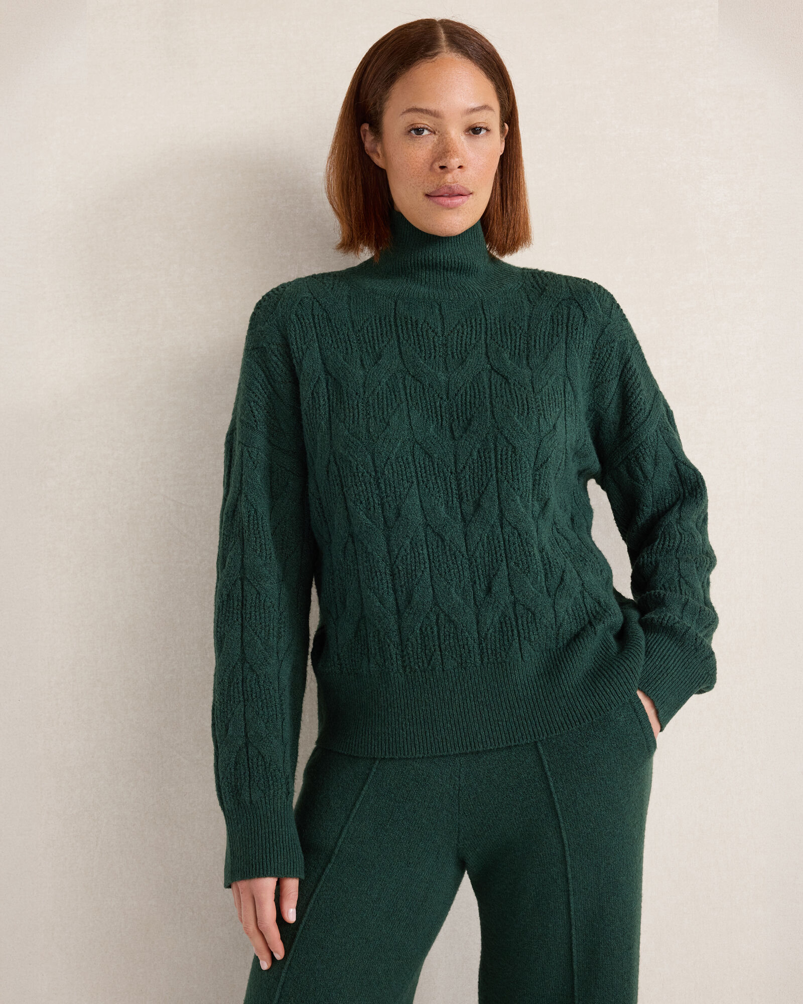 Organic Cotton Blend Cableknit Mockneck Sweater