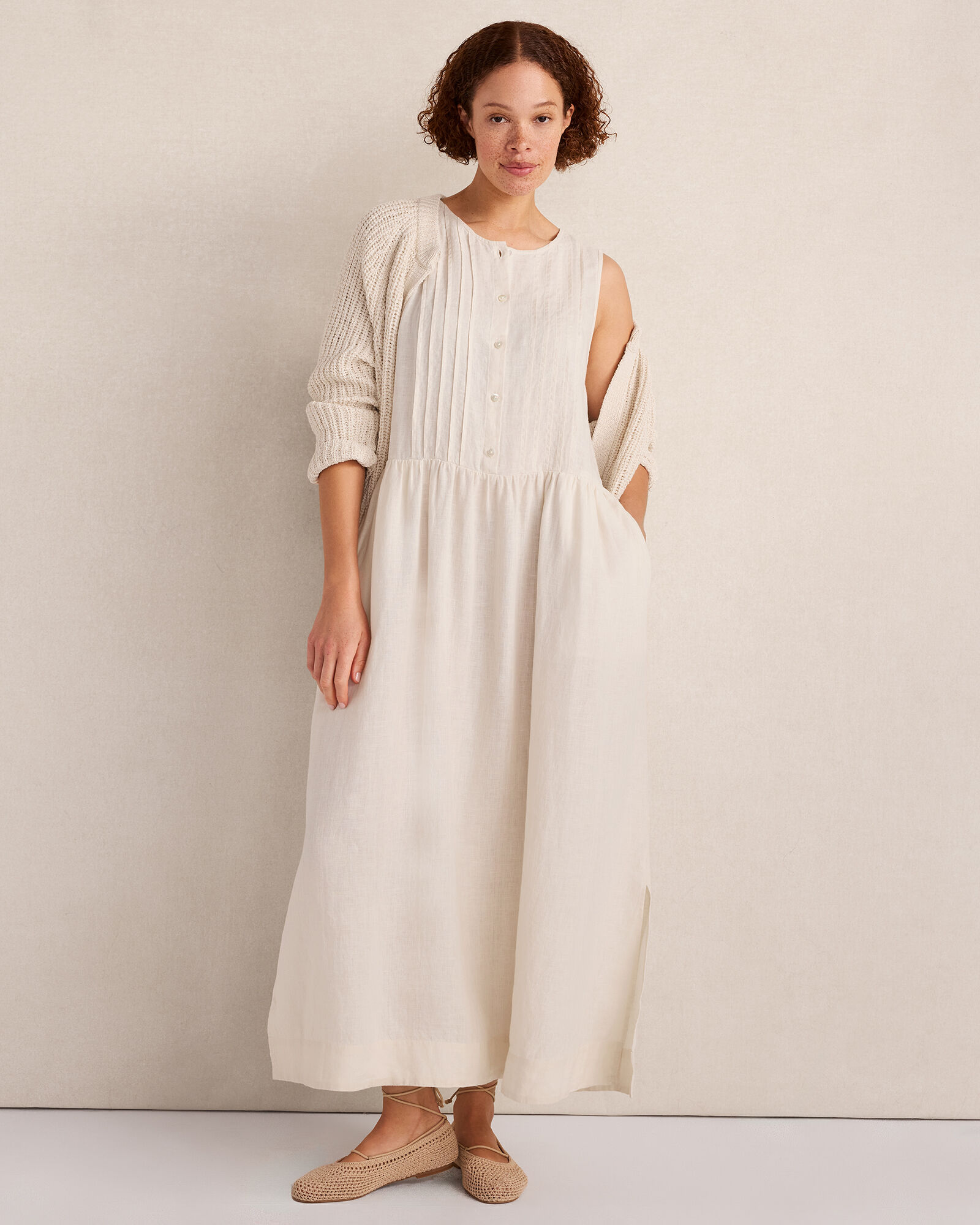 Linen Pintuck Midi Dress