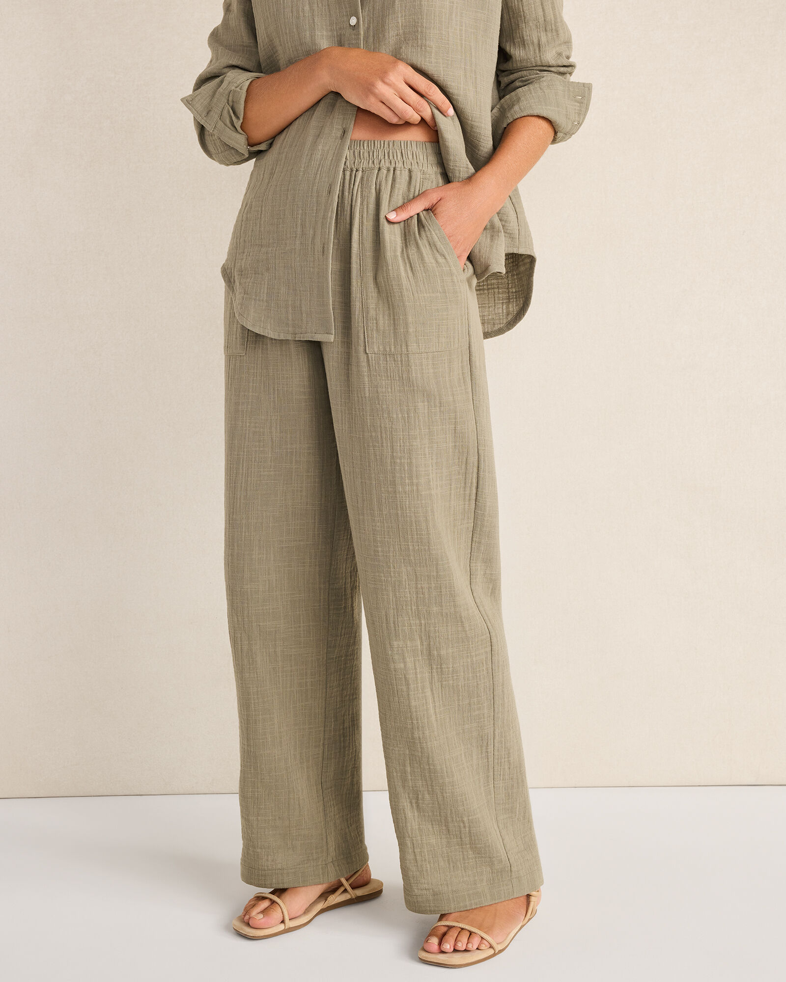 Textured Cotton Gauze Pants