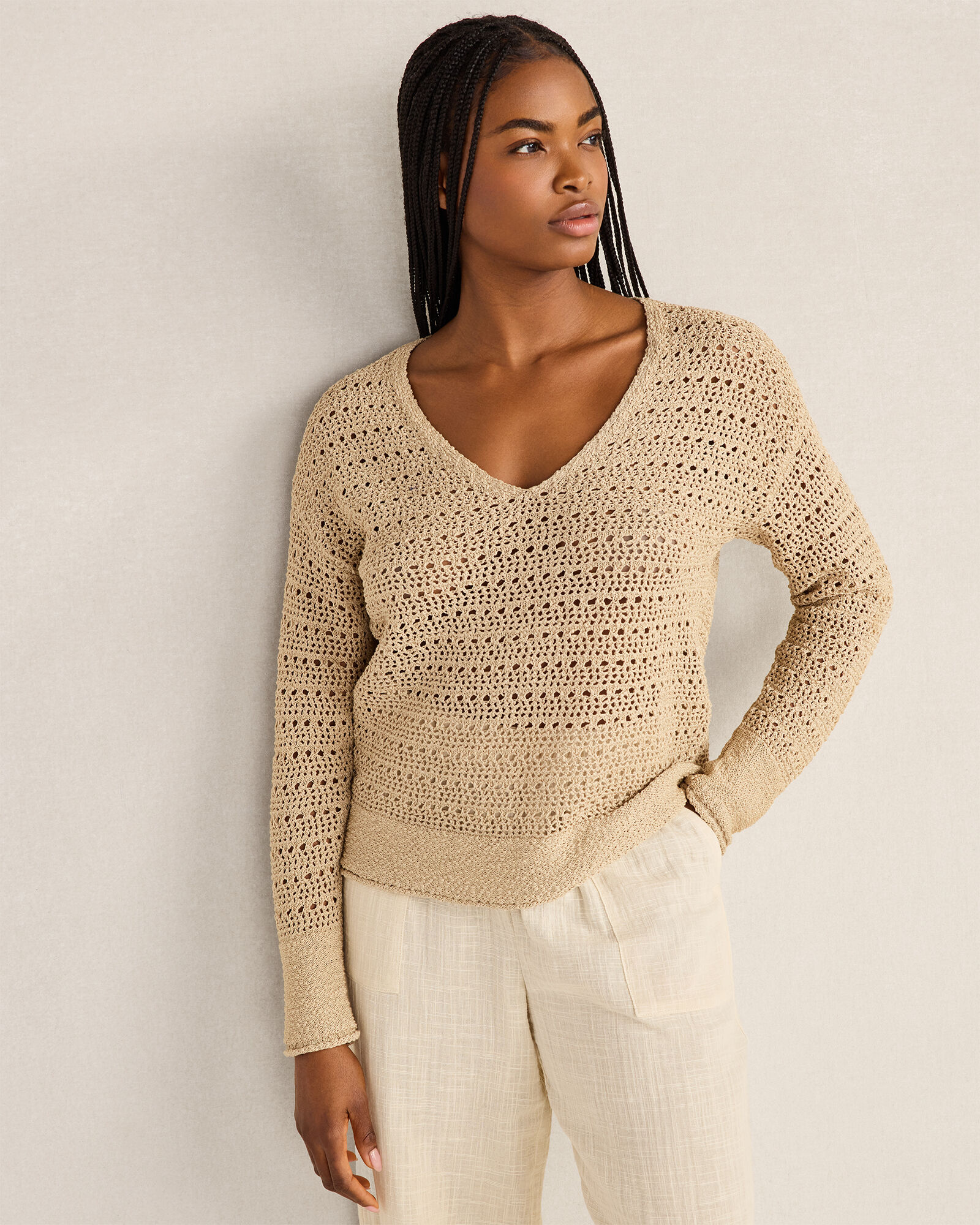 Textured Cotton V-Neck Sweater