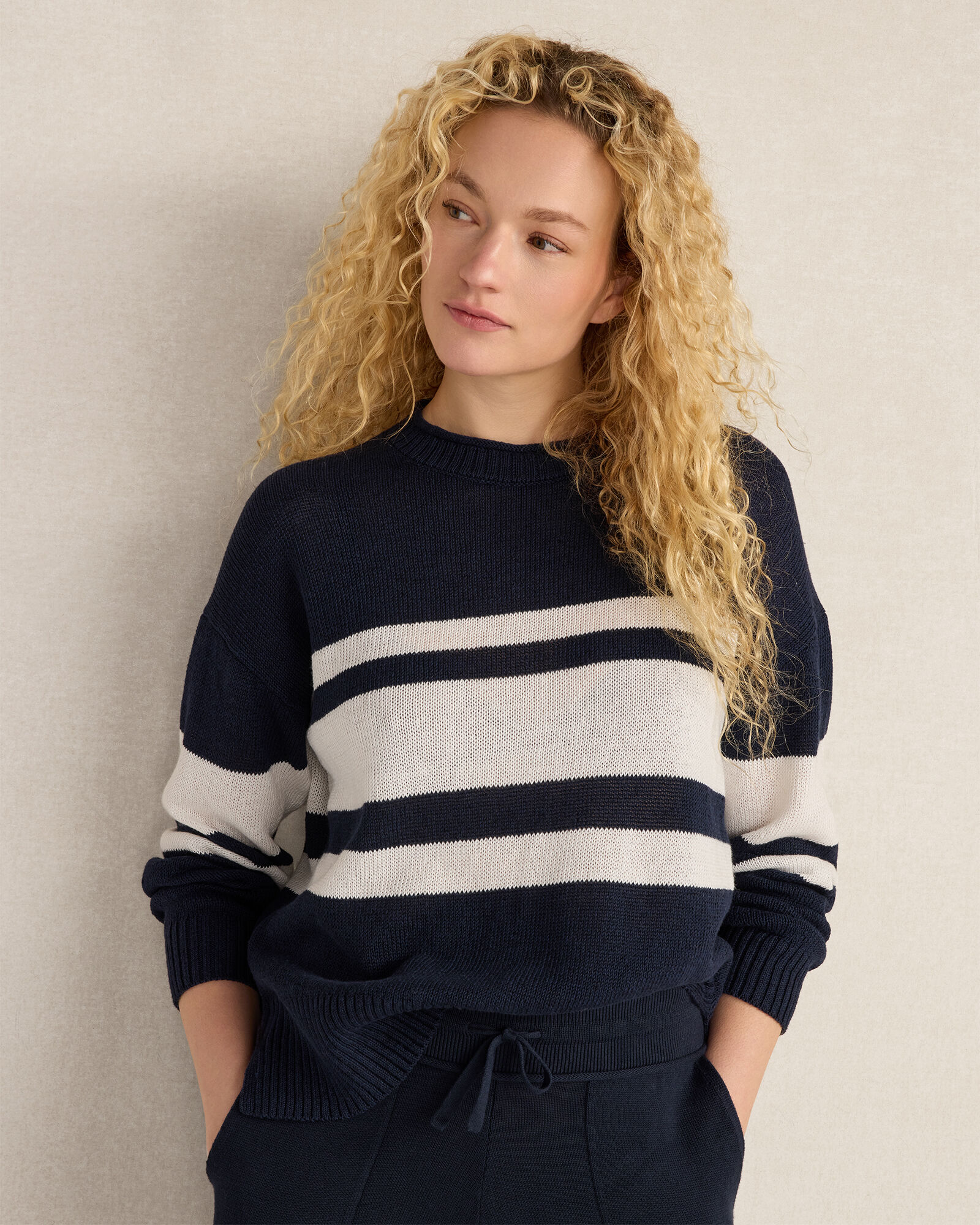 Cotton Linen Stripe Roll Neck Sweater