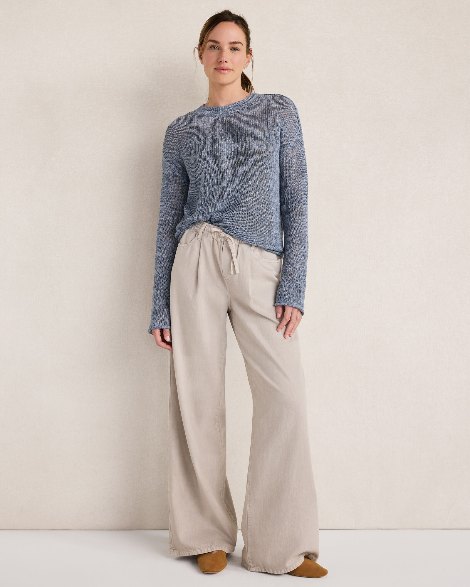 Cotton Denim Ecru Wide Leg Pants