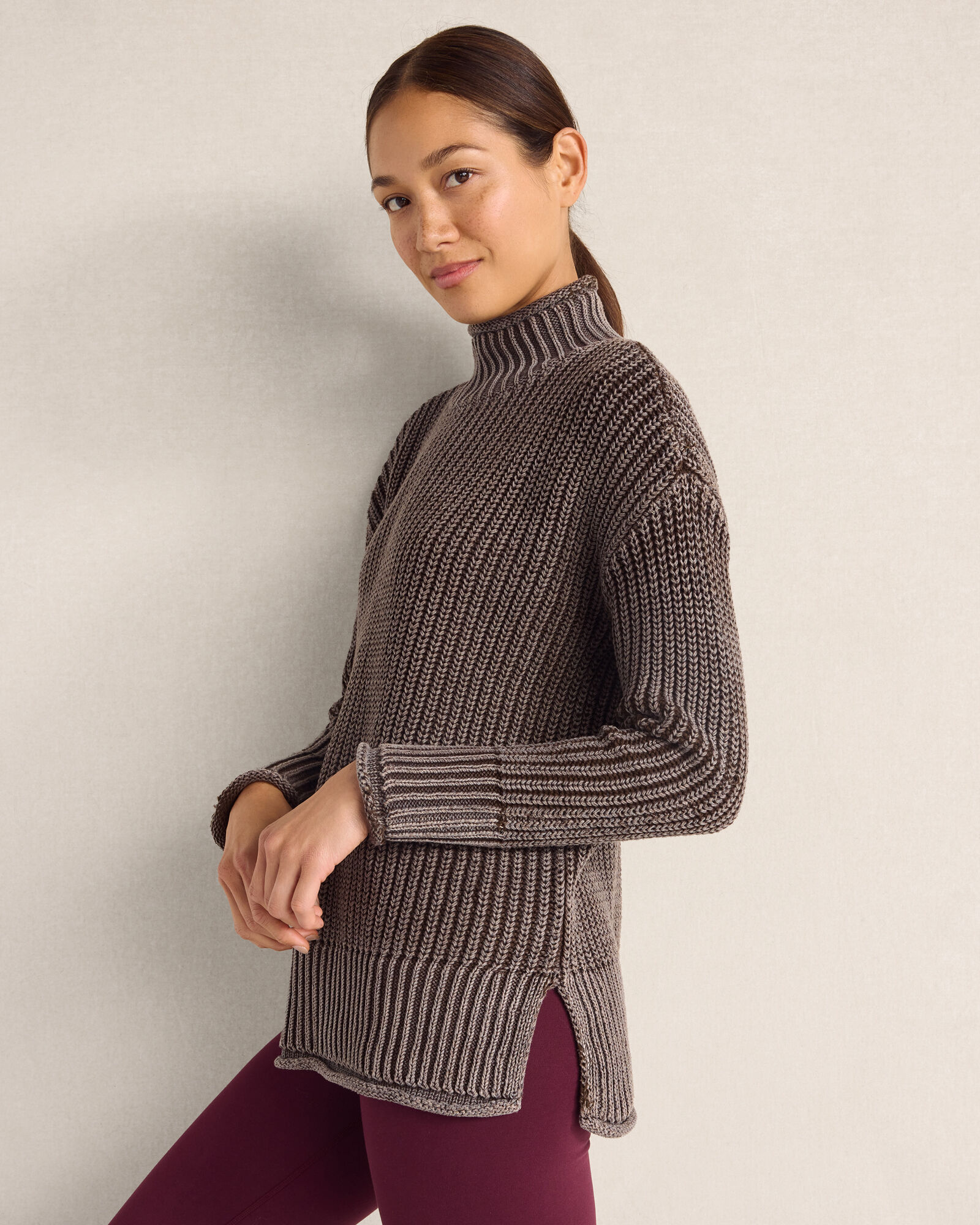 Garment-Dyed Organic Cotton Shaker Stitch Roll Neck Sweater