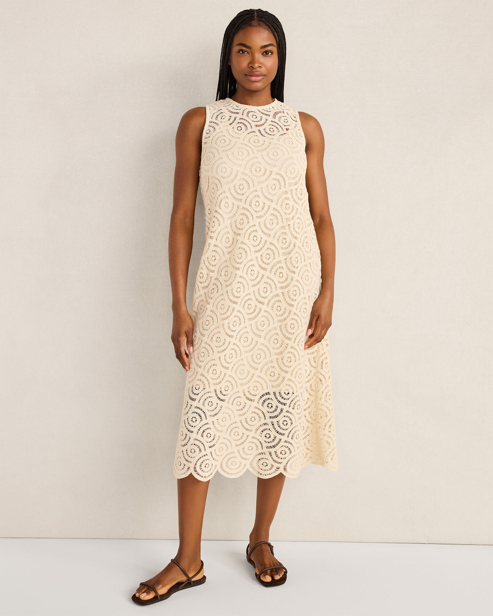 Cotton Crochet Scalloped Midi Dress