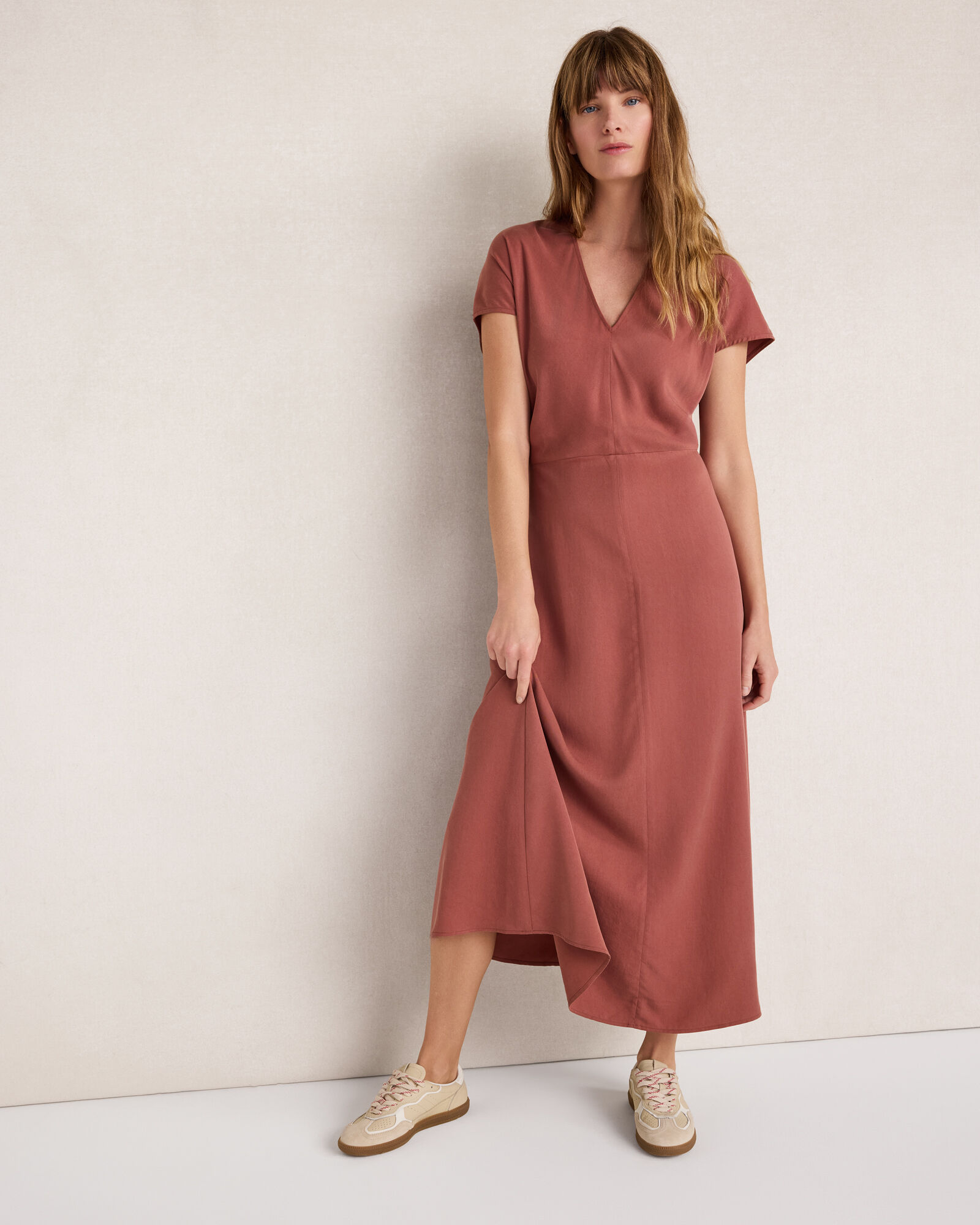 Drapey Twill V-Neck Midi Dress