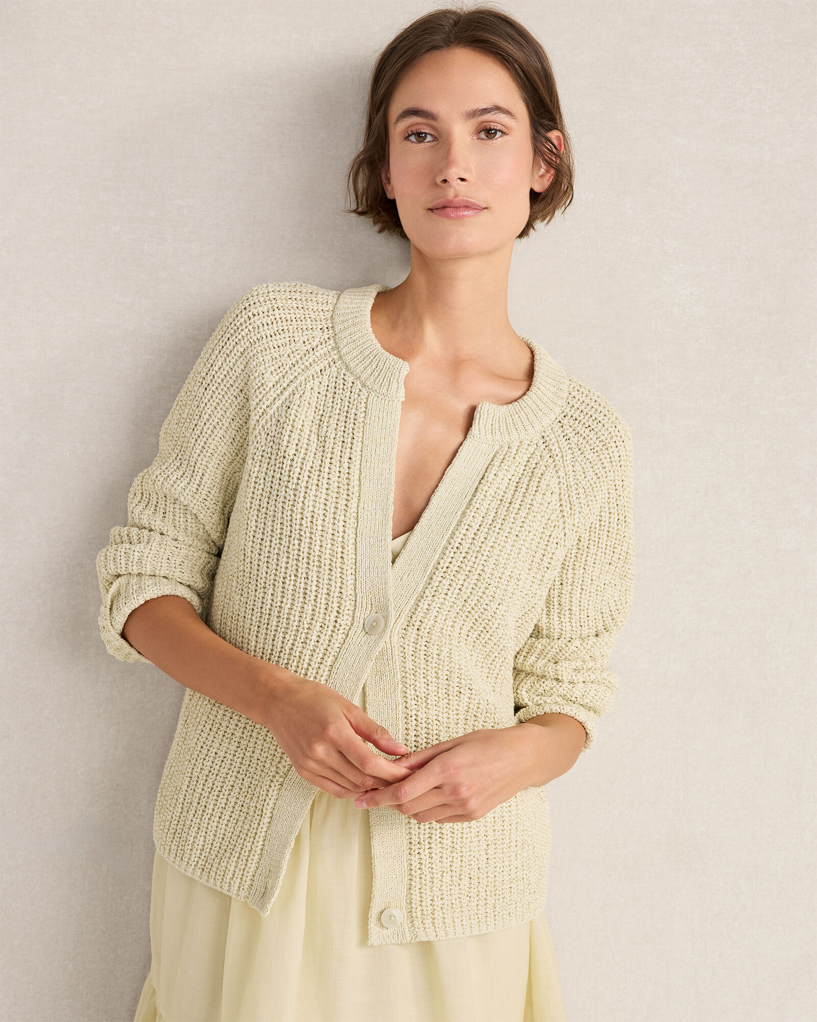 Cotton Tape Yarn V-Neck Cardigan
