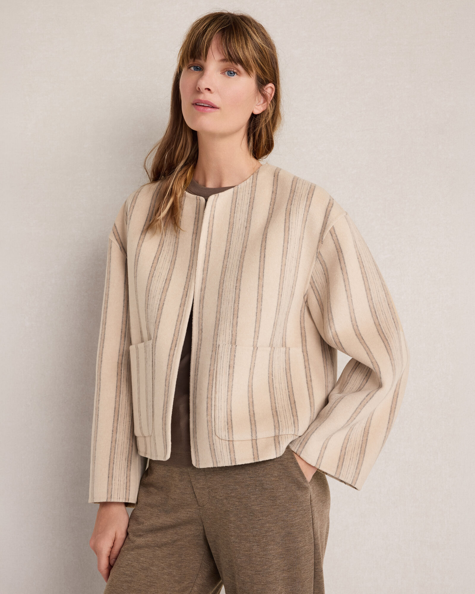 Wool Blend Striped Jacket with Removable Scarf