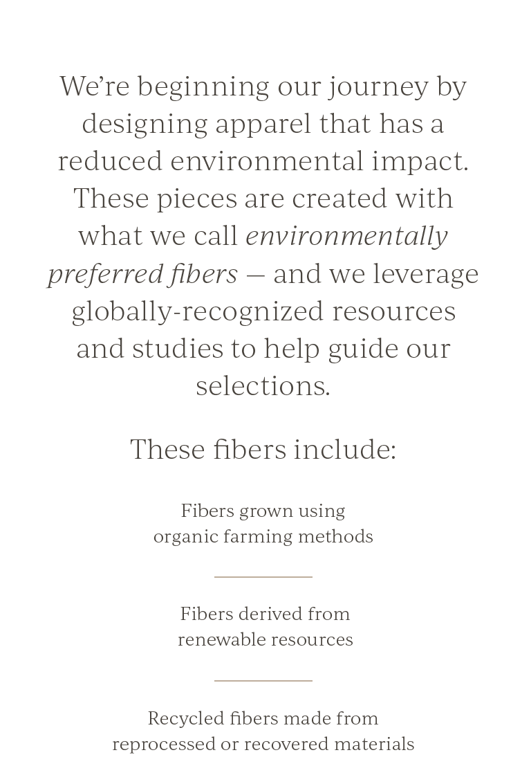 We're beginning our journey by designing apparel that has reduced environmental impact.